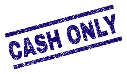 CASH ONLY seal watermark with grunge style. Blue vector rubber print of CASH ONLY text with grunge texture. Text tag is placed between parallel lines.