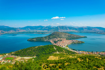 Aerial view of greek town Kastoria surrounded by Orestiada lake