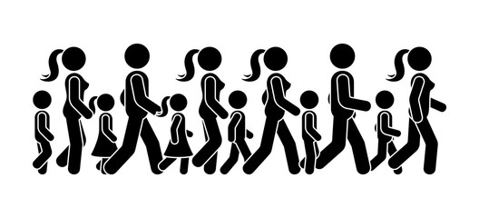 Stick figure walking group of people vector icon set. Man, woman and children moving forward sequence pictogram