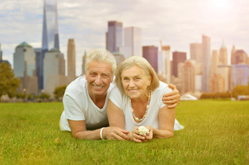 happy senior couple posing on green meadow against