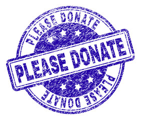 PLEASE DONATE stamp seal imprint with grunge texture. Designed with rounded rectangles and circles. Blue vector rubber print of PLEASE DONATE caption with dirty texture.