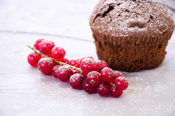 chocolate cupcake with cream, powdered sugar and berries