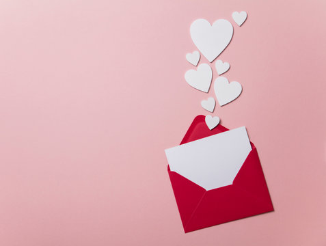 Love Letter. White Card With Red Paper Envelope Mock Up