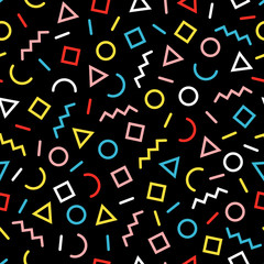 Seamless pattern of colorful geometric shapes, sprinkle, squiggle.