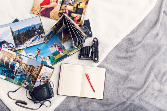 Summer photo album of journey in summer trip . instant photo of vintage film camera - vintage and retro style