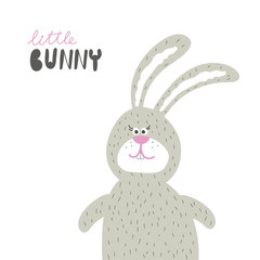 Child shower poster with cute smile grey rabbit and hand drawn text on white background. Vector funny animal for baby graphic suit printing. Kid print with lettering - little bunny. Greeting card