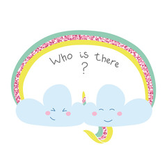 Kid fashion graphic with two cute smile blue magic clouds, glitter rainbow and unicorn. Vector hand drawn illustration with text - who is there? Baby t-shirt print with funny handwriting quote.