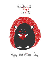 Kid fashion graphic with smile black hedgehog with red needles. Vector hand drawn illustration and text - with all my heart. Baby t-shirt print funny quote. St valentine day love greeting card