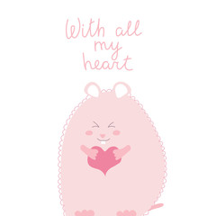 Kid fashion graphic with smile pink hamster or guinea pig. Vector hand drawn illustration and text - with all my heart. Baby t-shirt print funny quote. St valentine day love greeting card