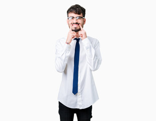 Young handsome business man wearing glasses over isolated background Smiling with open mouth, fingers pointing and forcing cheerful smile