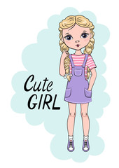 Hand drawn beautiful, cute, little girl in denim sundress and striped t-shirt. Vector illustration