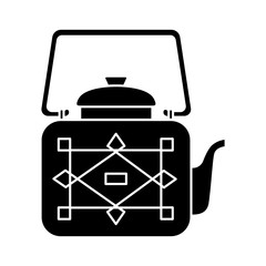Square teapot in Oriental style with geometric pattern on isolated background, Doodle style. Silhouette. Vector graphics