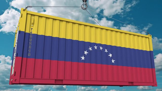 Cargo container with flag of Venezuela. Venezuelan import or export related conceptual 3D animation