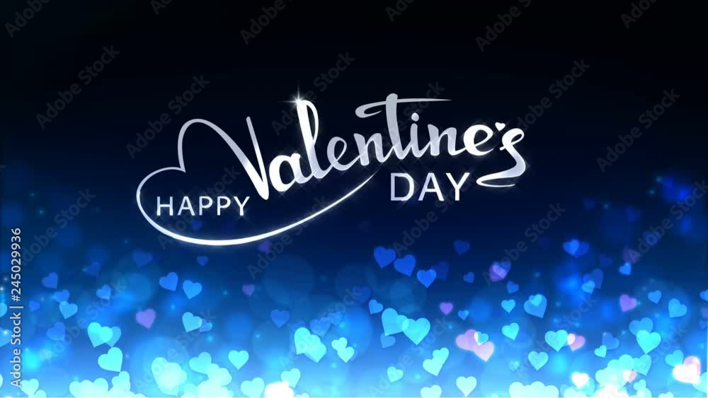 Wall mural glowing hearts appear on the shining blue background with glow animated text. valentines day holiday