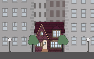 small house among the skyscrapers vector