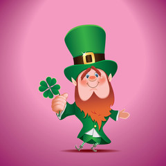 Saint Patrick's Day concept.Cartoon of Leprechaun with 4 sheets clover in hand isolated on violet background.