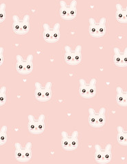 Funny Sweet Kawaii Rabbits Vector Pattern. Cute Smiling Bunnies a Pink Background. Lovely Nursery Art. Simple Kawaii Style Cartoon. 