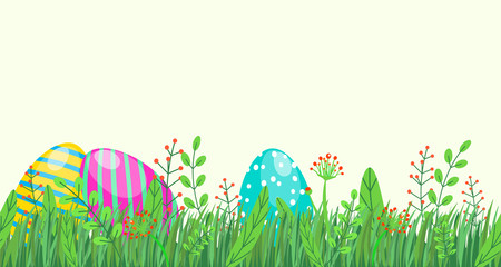 Fototapeta na wymiar Easter seamless border with eggs, spring grass and floral elements, flowers isolated on light background in minimal style