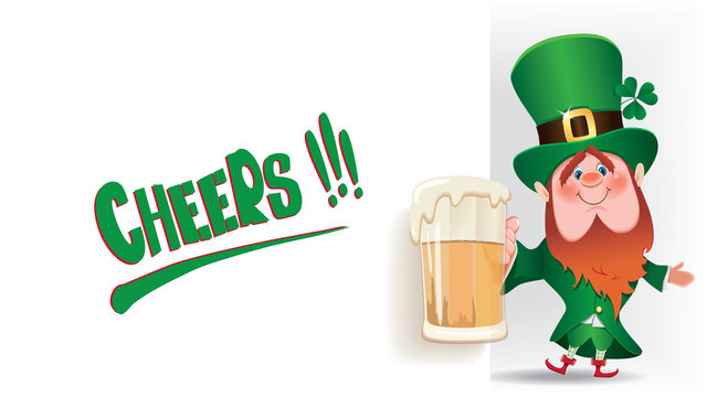 Saint Patrick's Day concept.The Leprechaun is toasted with beer mug next to textual signboard with a short message -Cheers-.