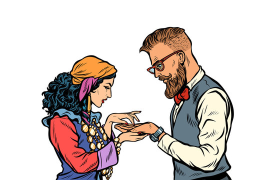 Gypsy palmist and hipster. Isolate on white background