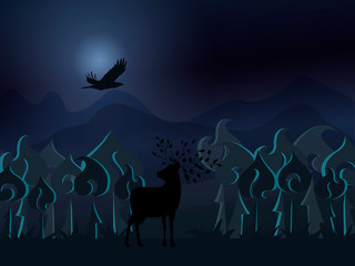 Fantasy night forest with a deer and a bird flying in the night sky