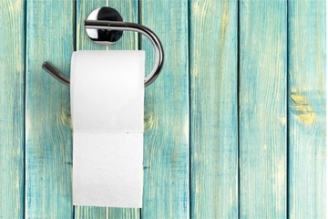 Roll of white toilet paper on metal paper holder