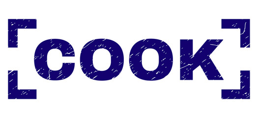 COOK caption seal print with corroded texture. Text label is placed inside corners. Blue vector rubber print of COOK with retro texture.