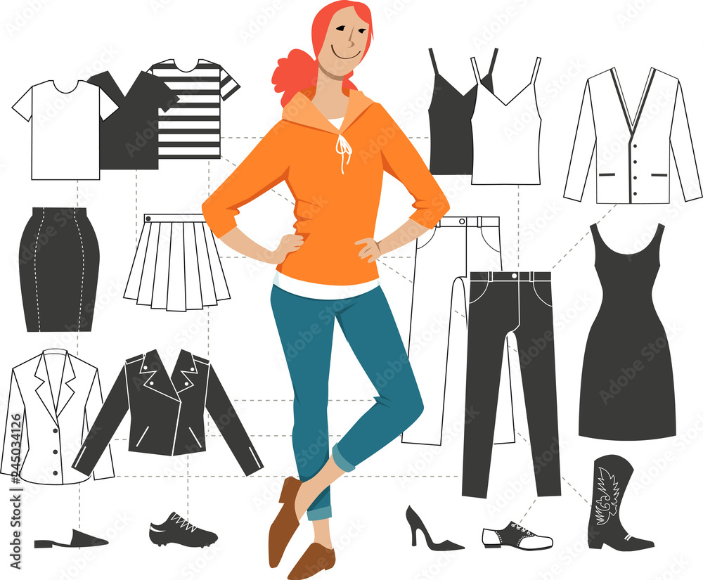 Wall mural woman standing in front of a scheme of minimalist combination basic pieces of clothing into outfits,