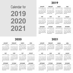 Vector calendar for 2019 2020 2021 year. Week starts Sunday