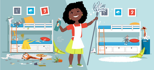Little girl with a mop and cleaning tools in front of a children bedroom before and after cleaning, EPS vector illustration	