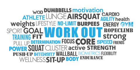 Workout sport word cloud concept text is outline blue and dark greyconcept text is outline
