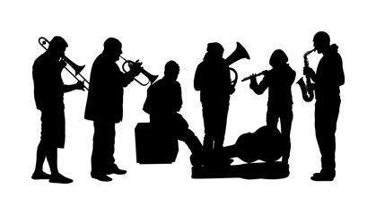 Brass band play on street silhouette. Wind instrument concert jazz event. Classic music orchestra clarinet, flute, trumpet, bugler, saxophone, trombone, tenor horn, flutist. Musician entertainment.