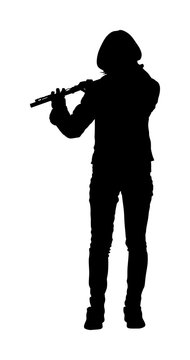 Young woman flute music playing vector silhouette. Flutist musician performer with wind musical instrument illustration. Street performer. Music flautist lady portrait.