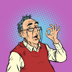 surprise elderly man with glasses okay gesture