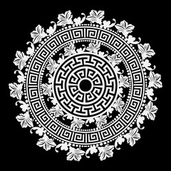 Black and white round floral greek vector mandala pattern. Ancient ornamental abstract background. Geometric shapes and flowers. Decorative ornate design in Baroque  style. Greek key meanders ornament