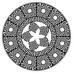 Vector round mandala vector pattern. Black greek key meanders geometric ornament on white background. Decorative floral mandala design. Geometrical shapes, lines, flowers, circles, borders, frames