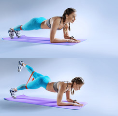 Sport. Muscular woman on a plank position use fitness gum. Muscular and strong girl exercising. Fitness exercising with expander. 