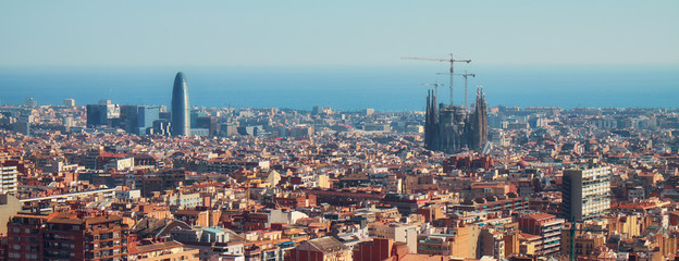 Panorama view of Barcelona from a hill at the park Guel