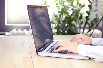 Closeup of businesswoman hands typing on laptop side view