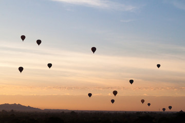 Balloons over Bagan and the skyline of its temples, Myanmar