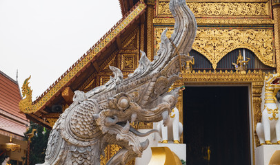 Closeup of Naga as stone art in front of Wat Phra Sing, Chiang Rai, northern Thailand.