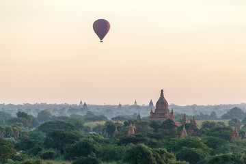 Fototapeta na wymiar Balloon over Bagan and the skyline of its temples, Myanmar