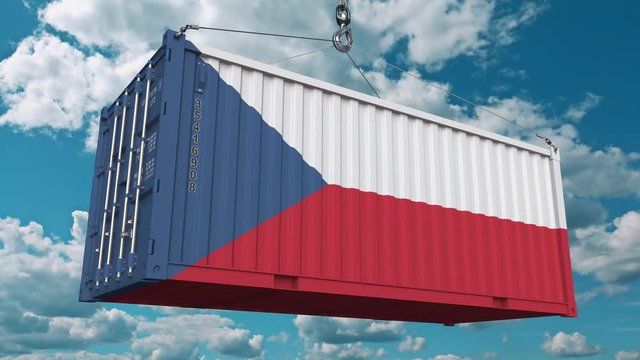Loading container with flag of the Czech Rebublic. Import or export related conceptual 3D animation