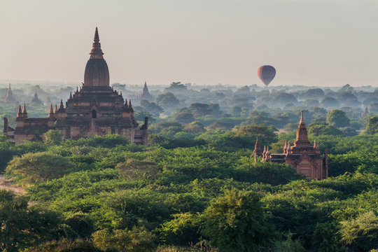 Balloon over Bagan - hot air balloons floating among the skyline of temples, Myanmar