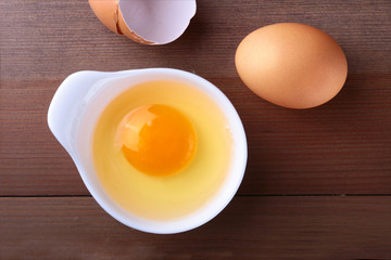 raw egg in white bowl ingredients for cooking. concept. Top view.