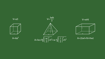 Fototapeta premium Pyramid, cube and rectangle prism vector. Geometry formulas vector illustration