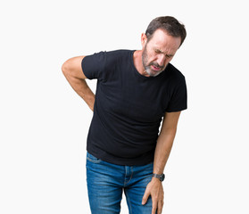 Handsome middle age hoary senior man over isolated background Suffering of backache, touching back...