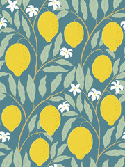 Seamless lemon fruit pattern with lemon tree branches, flowers and fruits