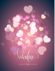 Romantic love background with blur heart-shaped bokeh effect and hand drawn Happy Valentines Day typography. Paper cut style. Celebration quotation for poster, web design, banner, card, invitation