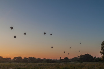 Silhouettes of hot air balloons in Bagan, Myanmar